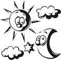 Sun, moon, cloud and star - black outline