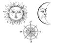 Sun and moon with face engraving style vector Royalty Free Stock Photo