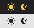 Sun and moon flat icons set isolated on dark and white. Day and night, light mode and dark mode switches for website Royalty Free Stock Photo