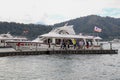 Sun moon lake ,Taiwan-October 13,2018:The ferry speed boat at the Sun Moon Lake harbour .Tourist are used to ferry passengers to 3
