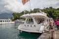 Sun moon lake ,Taiwan-October 13,2018:The ferry speed boat at the Sun Moon Lake harbour .Tourist are used to ferry passengers to 3