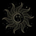 Sun and moon with man and woman faces on black background, vintage mystic symbol art. Vector illustration