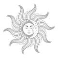 Sun and moon with man and woman faces on white background, vintage mystic symbol art. Vector illustration