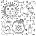 The Sun, Moon, Ouroboros and philosophical stone with other alchemical signs Royalty Free Stock Photo