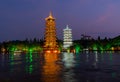 Sun and moon pagodas in Guilin at night