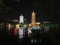 Sun and Moon Pagodas at night. Guilin, Guangxi, China. October 29, 2018. Royalty Free Stock Photo