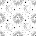 Sun and moon seamless pattern. Modern witchcrafts black outline vector illustration. Trendy spirituality line art. Royalty Free Stock Photo