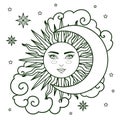 Sun and moon in the sky. Linear black and white hand drawing. Vector Royalty Free Stock Photo