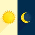 Sun, moon, stars banner. Day and night time concept . Sunny flyer illustration. Weather background. Forecast concept Daytime