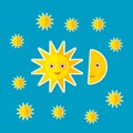 Sun Moon Stars on blue night sky. Modern style flat. Vector Royalty Free Stock Photo
