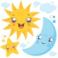 Sun moon and stars characters. Vector Illustration Royalty Free Stock Photo