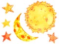 Sun, moon and stars, weather clipart set, hand drawn watercolor illustration Royalty Free Stock Photo