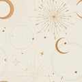 Sun and moon tarot sign seamless pattern design , celestial frawing, gold print . Eclipse decorative surface cover, boho tarot Royalty Free Stock Photo