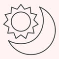 Sun and moon thin line icon. Day and night. Astronomy vector design concept, outline style pictogram on white background Royalty Free Stock Photo