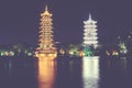 Sun and Moon Tower Pagodas in Guilin, China. Royalty Free Stock Photo