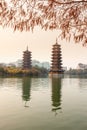 Sun-Moon Towers in sunset, Guilin Royalty Free Stock Photo