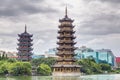 Sun and Moon twin double pagodas and Shanhu lake in Guilin