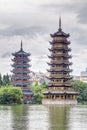 Sun and Moon twin double pagodas and Shanhu lake in Guilin