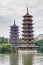 Sun and Moon twin double pagodas and Shanhu lake in Guilin