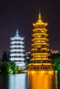 Sun and Moon twin double pagodas and Shanhu lake in Guilin