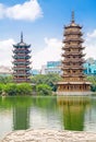 The Sun and Moon Twin Pagodas at Shanhu Lake Fir Lake in downtown of Guilin in China. Royalty Free Stock Photo