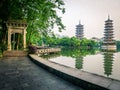 Sun and Moon Twin Pagodas at Shanhu Lake,Guilin