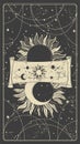 Sun and moon Vintage boho card on black background, mystical tarot background with universe device. Vector hand drawing