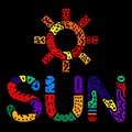 Sun. Multicolored bright contrast isolate colored curves doodle letters and logo