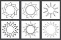 Sun outline set. Line art icons of different sun shape. Vector illustration isolated on white Royalty Free Stock Photo