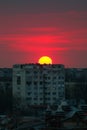 Beautiful sunset above the city skyline , The city of Ploiesti, Romania with a beautiful sun