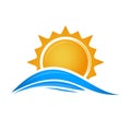 Sun over sea waves. Sun logo icon Royalty Free Stock Photo