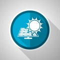 Sun over solar panel symbol, flat design vector blue icon with long shadow Royalty Free Stock Photo