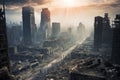 Sun over the totaly ruined city after a disaster or apocalypse. Generative ai