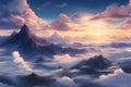 sun paints a picturesque scene as it casts a gentle and warm embrace over the mountain tops and clouds Royalty Free Stock Photo