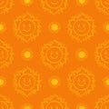 Sun pattern seamless. Hand drawn yellow sunshine icons orange background