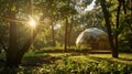 The sun peeks through the leaves casting dappled light onto the serene geodesic dome where peace and rest await. 2d flat