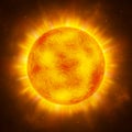 Sun planet. Bright realistic sun with rays, glow and sparks. Sunshine design. Space background. Global warming concept. Vector Ill