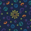 Sun, planet earth and stars from space on dark blue pattern background. Colorful cosmic planet seamless pattern.
