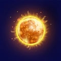 Sun planet vector icon, realistic star, space astronomy 3D galaxy illustration, hot fire flares, energy shine.