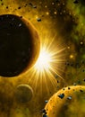 Sun and planets in space, 3d rendering, nebula and asteroids