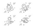 Sun protection, Bio tags and Leaves icons set. Medical helicopter sign. Ultraviolet care, Leaf, Grow plant. Vector