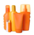 Sun protection cosmetic products on background