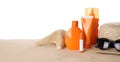 Sun protection cosmetic products and beach accessorie. Space for text