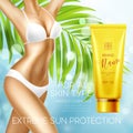 Sun protection cosmetic products design template. Vector illustration