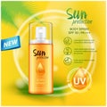 Sun protection cosmetic products, sun care spray. Vector 3D illustration mock up for magazine or ads Royalty Free Stock Photo