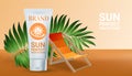 Sun protection cosmetic vector realistic ads poster. White plastic tube with sunscreen product near tropical palm leaves Royalty Free Stock Photo