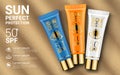 Sun Protection Cosmetics. Cosmetics mockup design. Body Lotion or Cream Tubes UV Protection Moisturizing Effect on Sandy