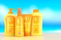 Sun protection cream, spray and lotion over sky background