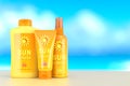 Sun protection cream, spray and lotion over summer sky background