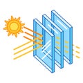 Sun protection with glass layers. Cross section double glazed window. Infographics showing properties.